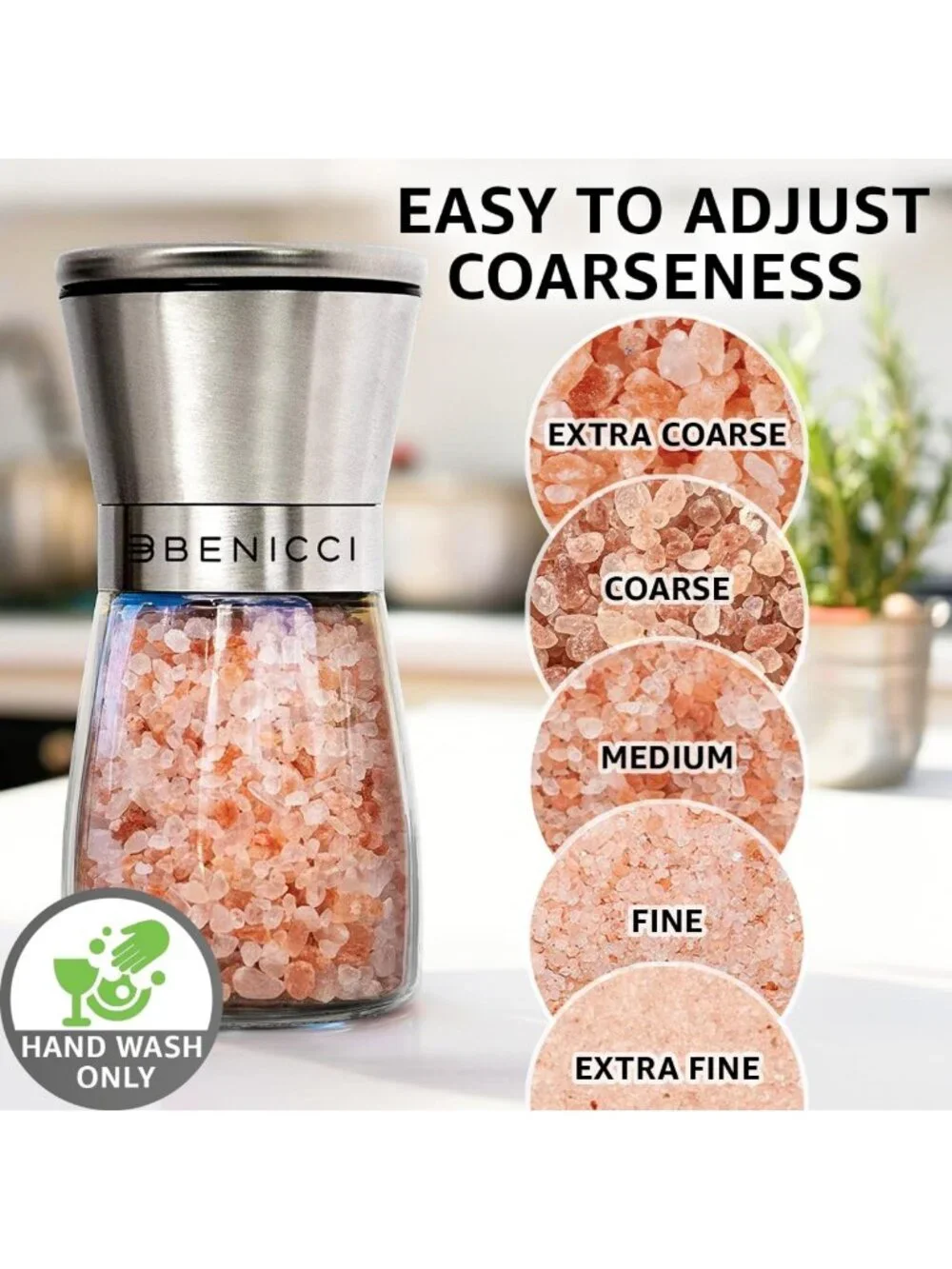 Adjustable Stainless Steel Salt & Pepper Grinder Set - Refillable Glass Shakers